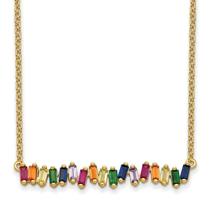 TreasureFineJewelers Necklaces Prizma Sterling Silver Goldtone 14K Flash Goldplated 16 inch Colorful CZ Bar Necklace with 2 inch Extender