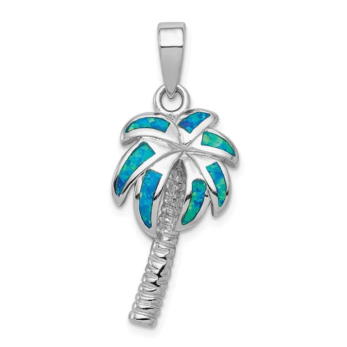 TreasureFineJewelers Necklaces Sterling Silver Created Blue Opal Inlay Palm Tree Pendant TreasureFineJewelers Necklaces Sterling Silver Created Blue Opal Inlay Palm Tree Pendant
