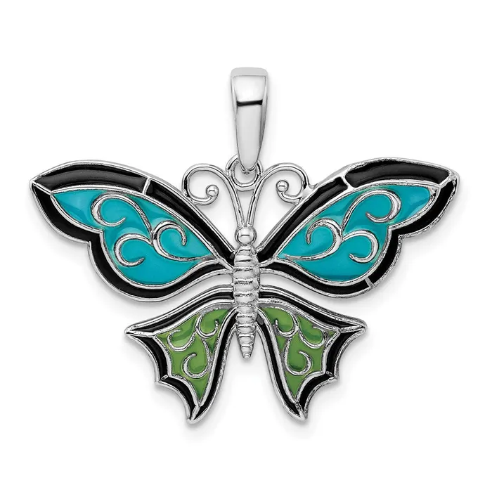 TreasureFineJewelers Necklaces Sterling Silver Polished Enameled Aqua Butterfly Pendant TreasureFineJewelers Necklaces Sterling Silver Polished Enameled Aqua Butterfly Pendant