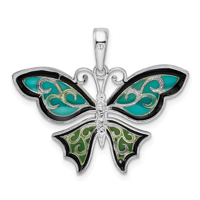 TreasureFineJewelers Necklaces Sterling Silver Polished Enameled Aqua Butterfly Pendant