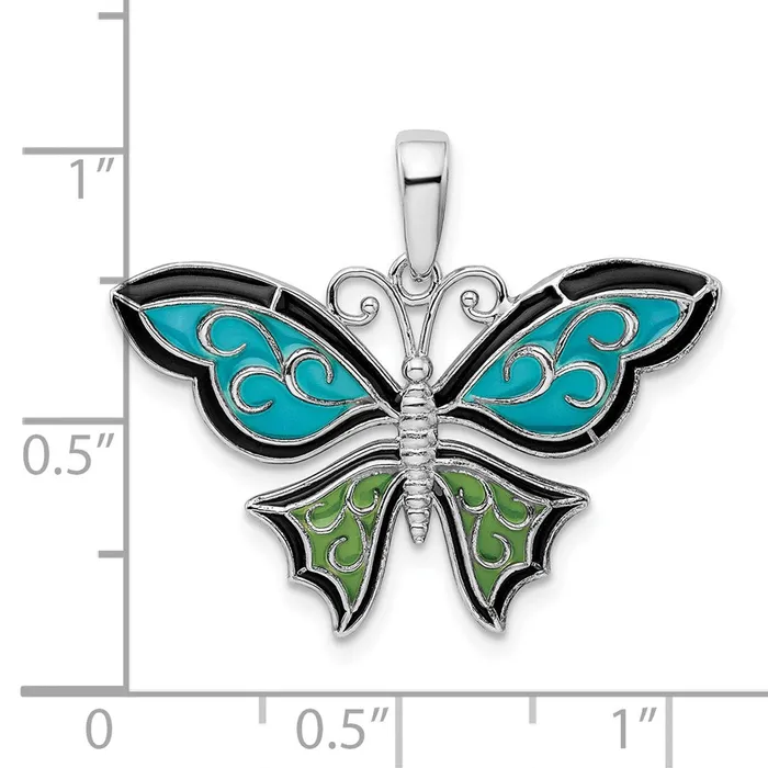 TreasureFineJewelers Necklaces Sterling Silver Polished Enameled Aqua Butterfly Pendant