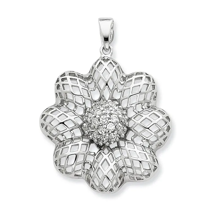 TreasureFineJewelers Necklaces Sterling Silver Puffed Wire Flower w Center CZ Pendant TreasureFineJewelers Necklaces Sterling Silver Puffed Wire Flower w Center CZ Pendant