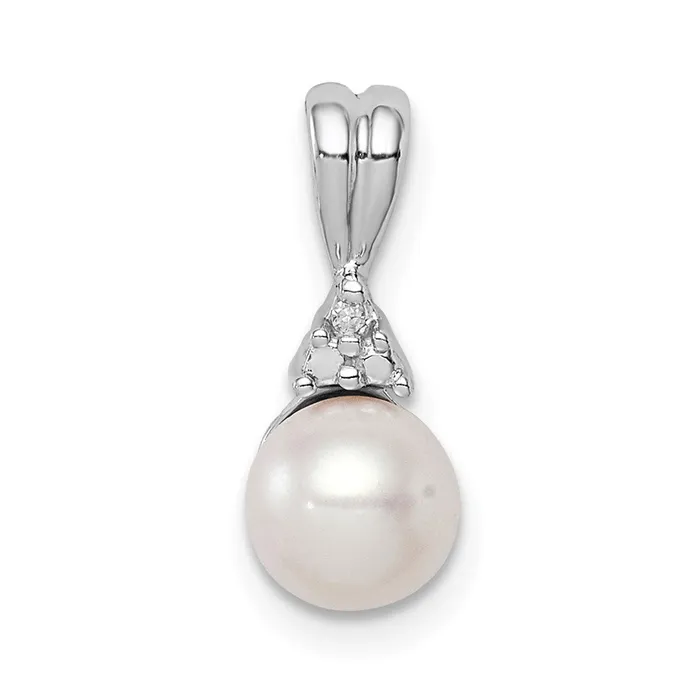 TreasureFineJewelers Necklaces Sterling Silver Rhod Plated Diamond and FW Cultured Pearl Pendant