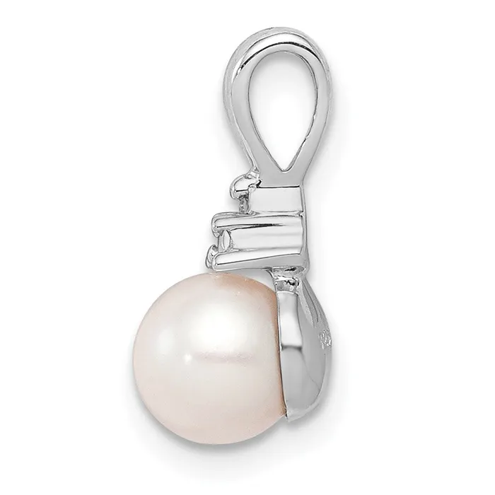 TreasureFineJewelers Necklaces Sterling Silver Rhod Plated Diamond and FW Cultured Pearl Pendant