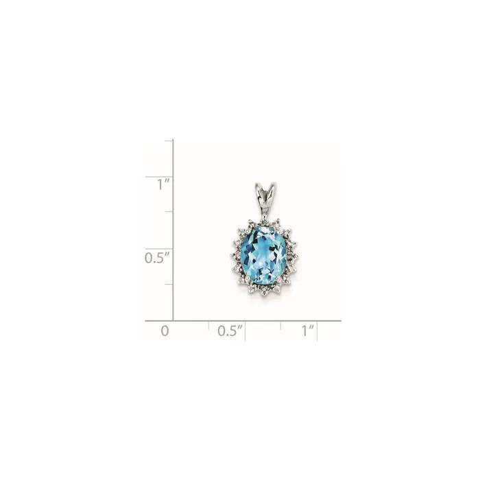 TreasureFineJewelers Necklaces Sterling Silver Rhodiumplated Oval Swiss Blue Topaz Diamond Pendant