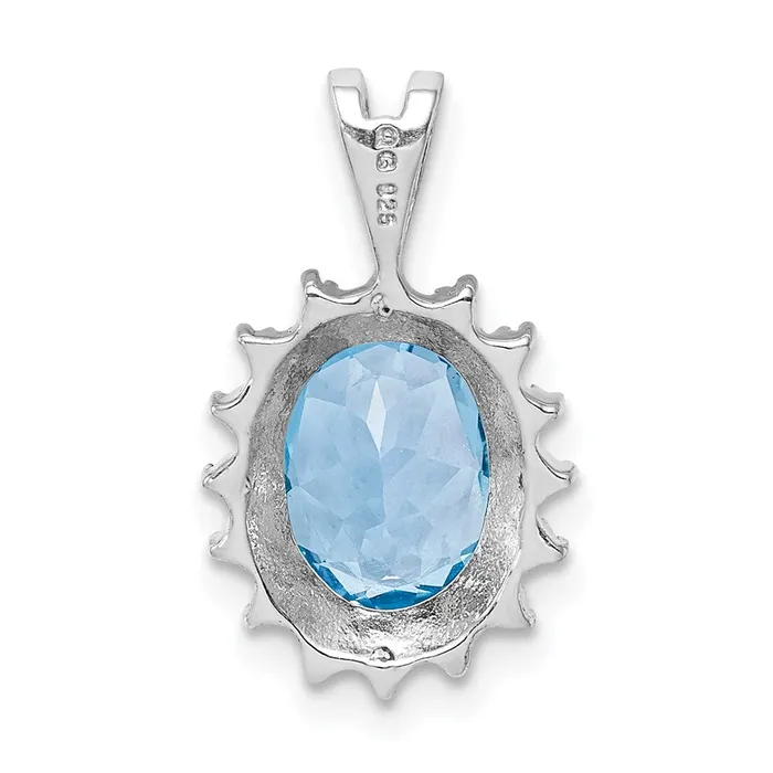 TreasureFineJewelers Necklaces Sterling Silver Rhodiumplated Oval Swiss Blue Topaz Diamond Pendant
