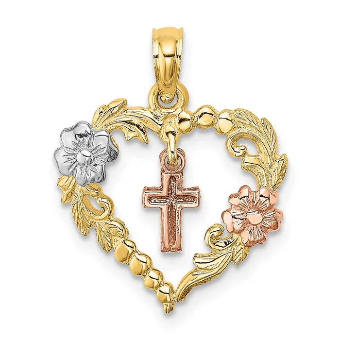 TreasureFineJewelers Rings 14K Twotone wWhite Rhodium Heart wCross and Flowers Charm TreasureFineJewelers Rings 14K Twotone wWhite Rhodium Heart wCross and Flowers Charm