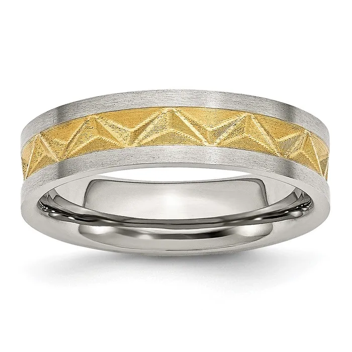 TreasureFineJewelers Rings Stainless Steel Brushed Yellow IPplated 6mm Grooved Band TreasureFineJewelers Rings Stainless Steel Brushed Yellow IPplated 6mm Grooved Band