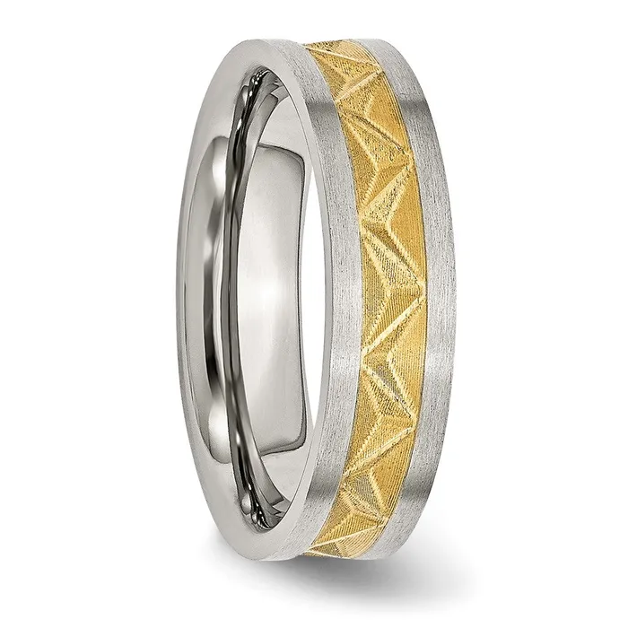 TreasureFineJewelers Rings Stainless Steel Brushed Yellow IPplated 6mm Grooved Band
