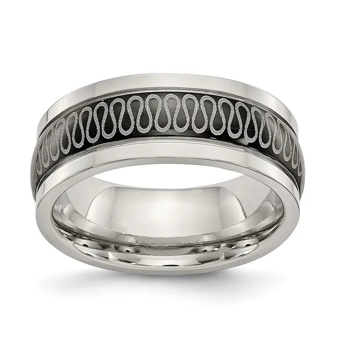 TreasureFineJewelers Rings Stainless Steel Polished Black IPplated Swirl Pattern 8mm Band TreasureFineJewelers Rings Stainless Steel Polished Black IPplated Swirl Pattern 8mm Band