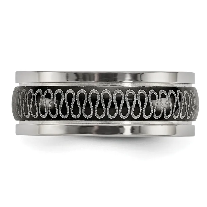 TreasureFineJewelers Rings Stainless Steel Polished Black IPplated Swirl Pattern 8mm Band