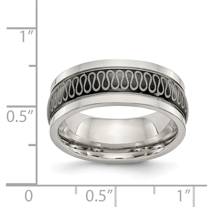 TreasureFineJewelers Rings Stainless Steel Polished Black IPplated Swirl Pattern 8mm Band
