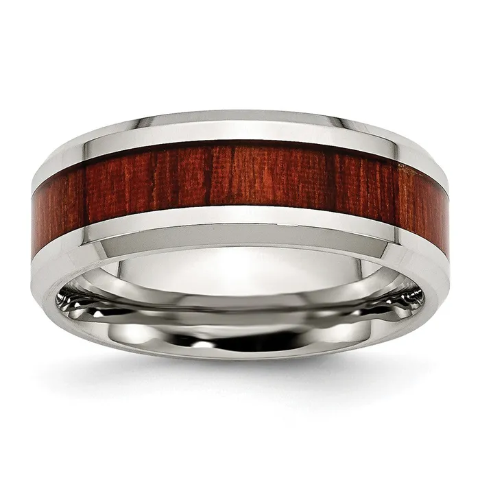 TreasureFineJewelers Stainless Steel Polished Red Koa Wood Inlay Enameled 8mm Band Rings TreasureFineJewelers Stainless Steel Polished Red Koa Wood Inlay Enameled 8mm Band Rings