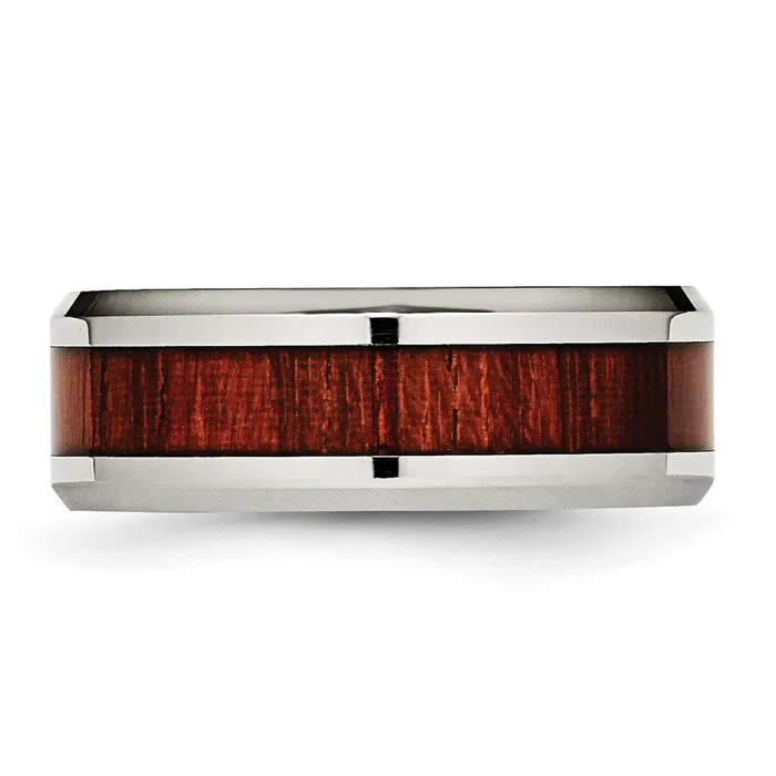 TreasureFineJewelers Stainless Steel Polished Red Koa Wood Inlay Enameled 8mm Band Rings