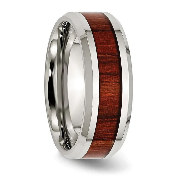 TreasureFineJewelers Stainless Steel Polished Red Koa Wood Inlay Enameled 8mm Band Rings