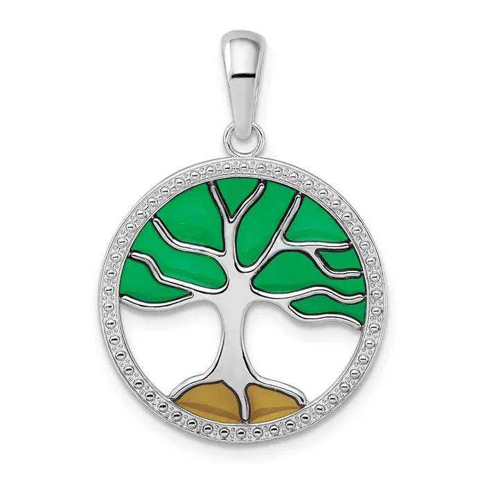 TreasureFineJewelers Sterling Silver Polished Enameled Tree of Life Pendant Necklaces TreasureFineJewelers Sterling Silver Polished Enameled Tree of Life Pendant Necklaces