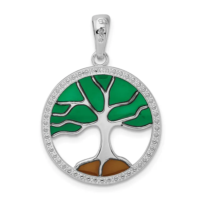 TreasureFineJewelers Sterling Silver Polished Enameled Tree of Life Pendant Necklaces
