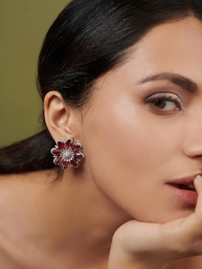 Diamante Pink Stones And Cubic Zirconia Oversized Floral Stud Earrings Curio Cottage Earrings