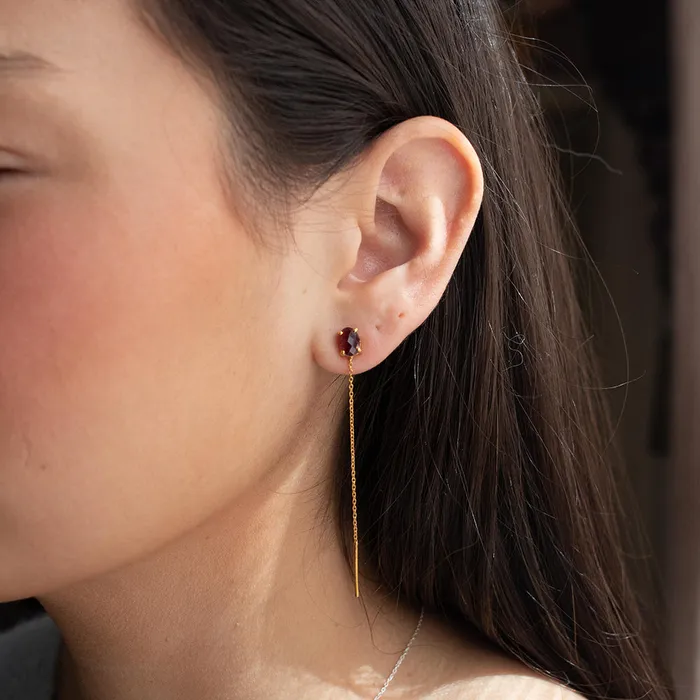 Gold Plated Semi Precious Stud with Chain Earrings Silver Lotus Earrings
